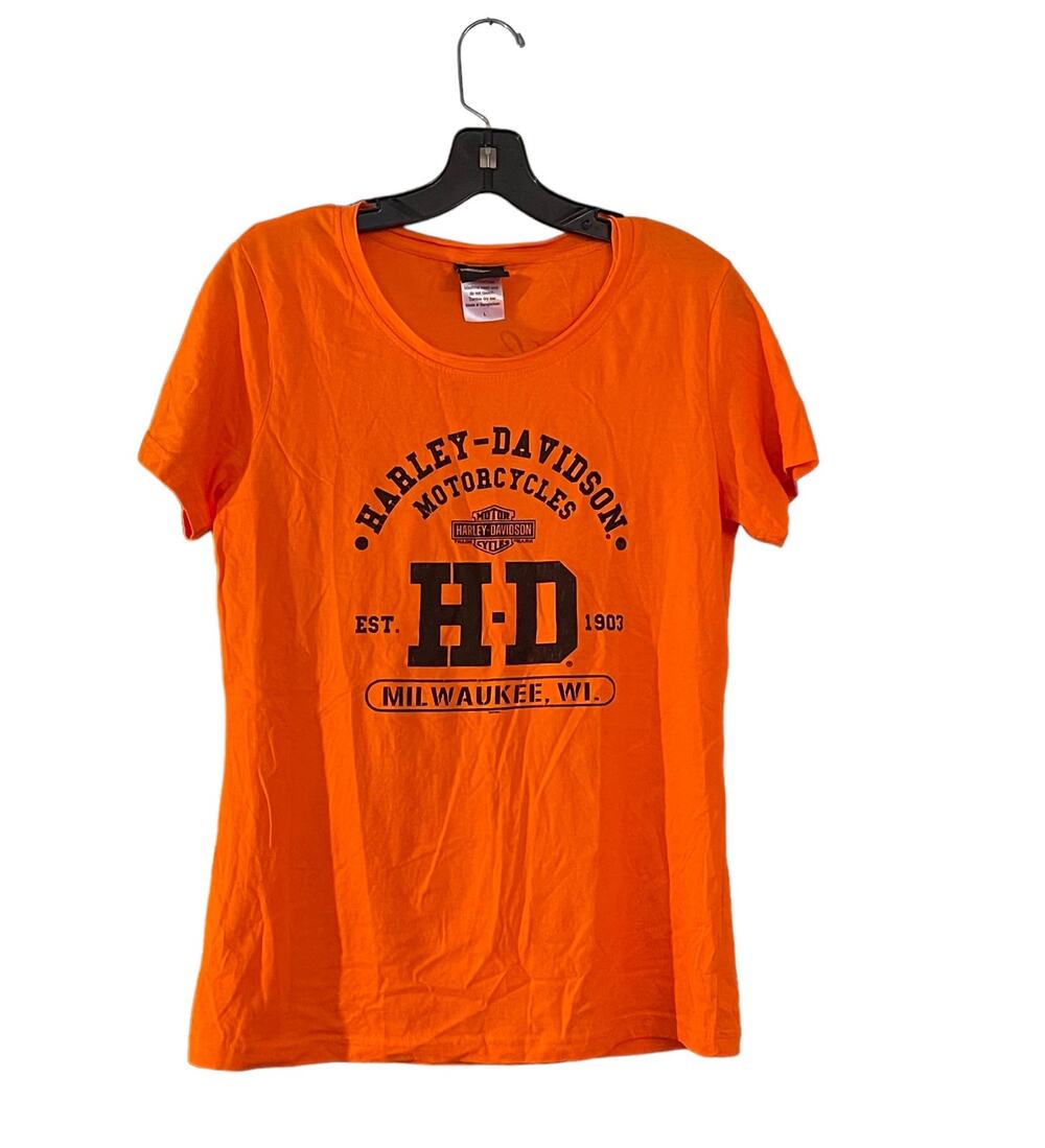 Harley Davidson Graphic T-shirt Woman’s Large Orange Milwaukee Biker Motorcycle